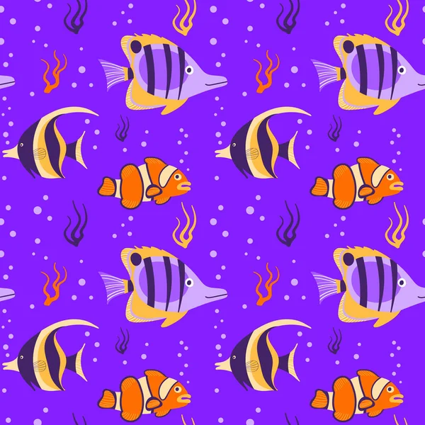 Peces tropicales con patrón sin costuras de algas marinas — Vector de stock