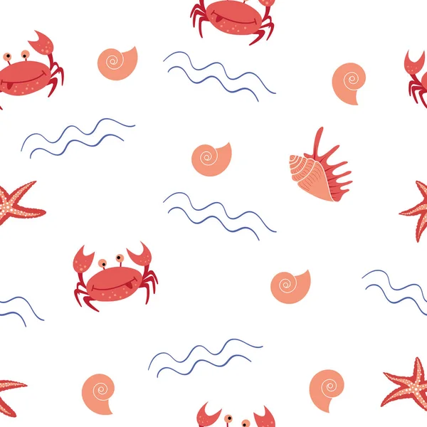 Modèle sans couture avec crabe dessin animé et coquillages — Image vectorielle