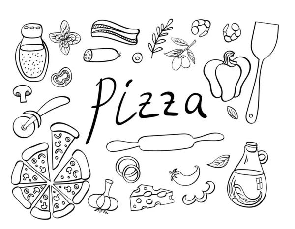 Pizza med ingredienser och leveranser handritade set — Stock vektor