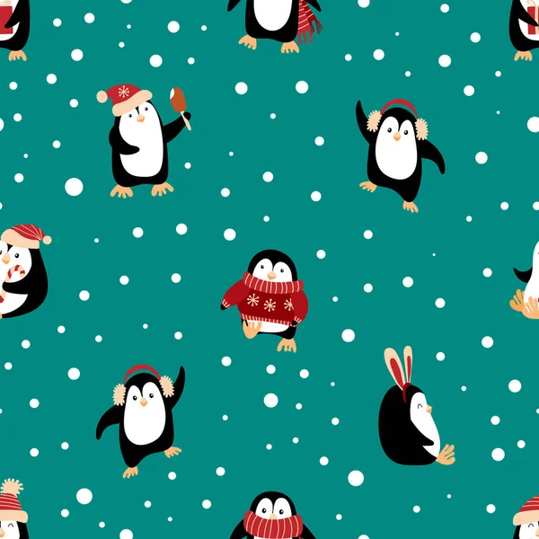 Julen sömlös mönster med söta pingviner — Stock vektor