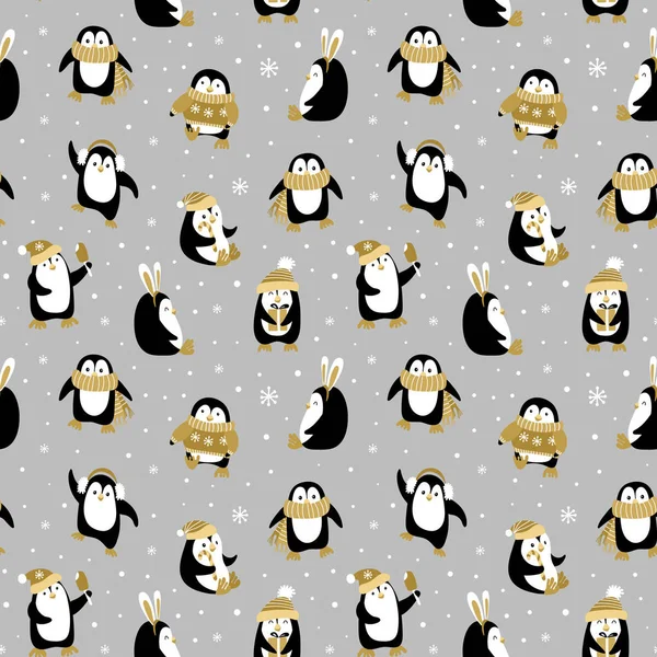 Sömlöst mönster med söta tecknade pingviner — Stock vektor