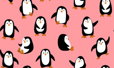 Pembe arka planda penguenler olan kusursuz desen