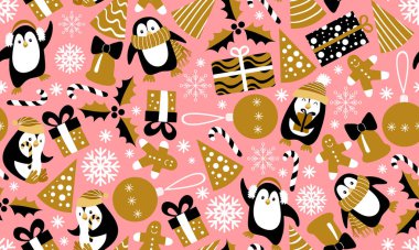 Pembe arka planda penguenler olan Noel deseni