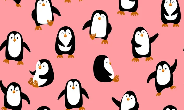 Sömlöst mönster med pingviner på rosa bakgrund — Stock vektor