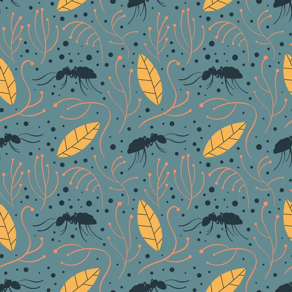 Motif naturel sans couture avec fourmis et feuilles — Image vectorielle