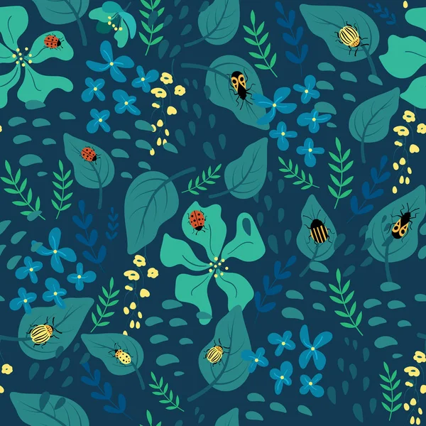 Fond floral vert avec des plantes et des insectes. — Image vectorielle