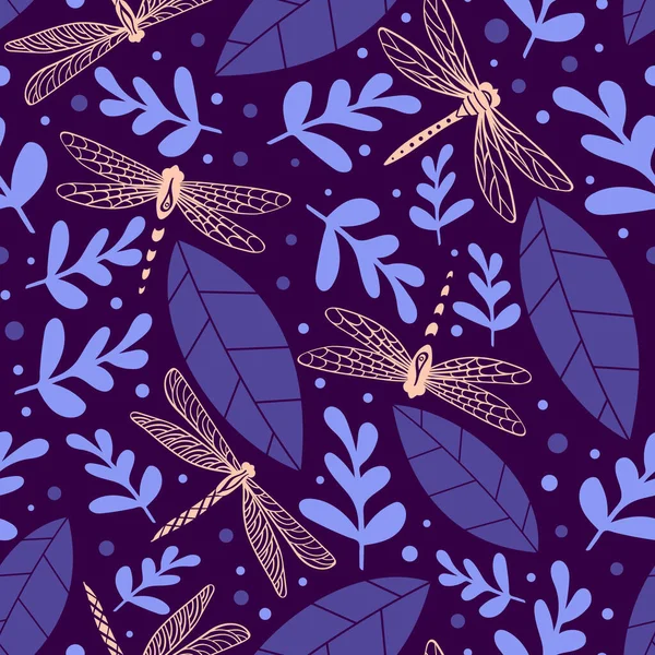 Modèle sans couture libellule avec des plantes — Image vectorielle