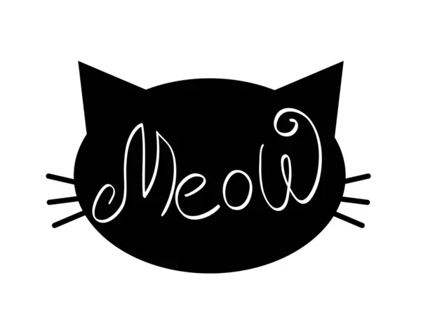 Meow palavra no rosto de gato com bigodes —  Vetores de Stock