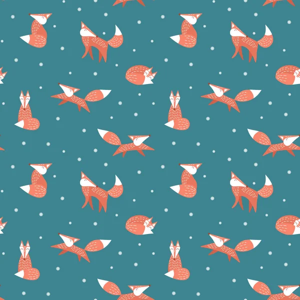 Winter seamless pattern with funny cartoon foxes — Stock Vector