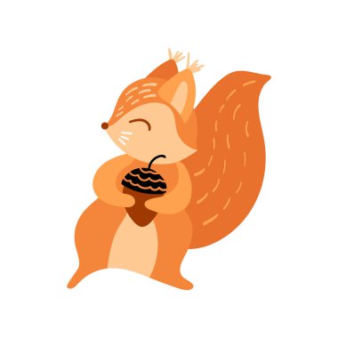 Elinde meşe palamudu olan sevimli bir sincap.