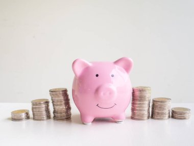 Pembe Piggy banka sikke bar grafik arasında duran, gelecek planı ve emeklilik fonu kavramı için para tasarrufu