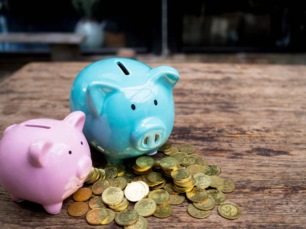 Azul e rosa dois porquinho banco com pilha de moedas de ouro, economizando dinheiro para o futuro plano de investimento e conceito de fundo de aposentadoria — Fotografia de Stock