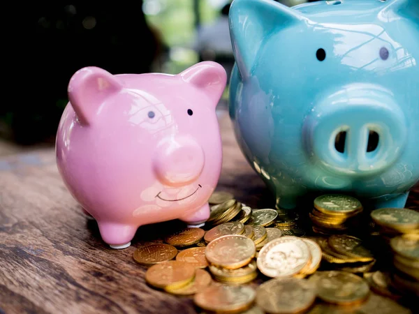 Azul e rosa dois porquinho banco com pilha de moedas de ouro, economizando dinheiro para o futuro plano de investimento e conceito de fundo de aposentadoria — Fotografia de Stock