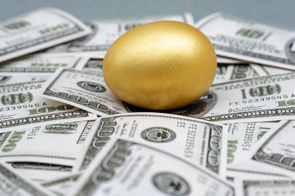 Золотое яйцо на фоне банкнот в долларах
.