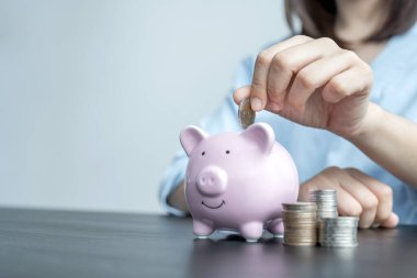 Kadın domuz kumbarasına para yatırıyor, işleri başarıya taşıyor, gelecek planı ve emeklilik fonu konsepti için para biriktiriyor..
