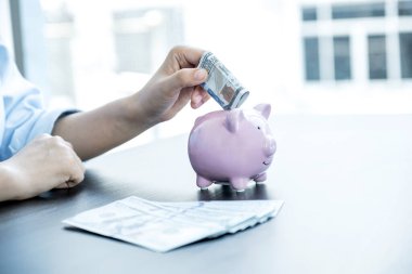 Kadın domuz kumbarasına dolar banknotları koyuyor, başarılı olmak için iş kuruyor, gelecek planı ve emeklilik fonu konsepti için para biriktiriyor..