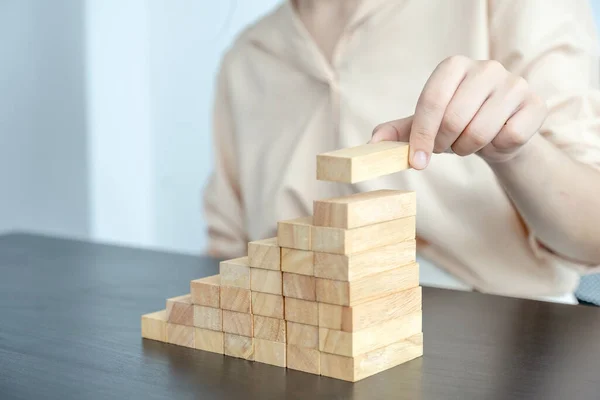 Hand Holding Blocks Wood Game Concept Risk Management Strategy Plan — Stock Photo, Image