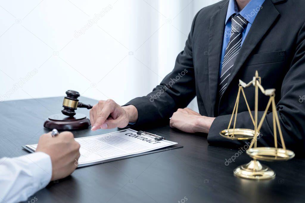 The male lawyer is providing service to consult business dispute to businessman.