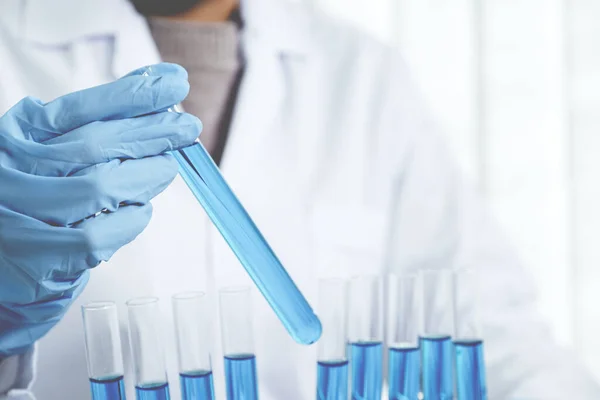 Scientists Hold Glass Tube Filled Blue Chemical Liquid Research Analysis — Stock Photo, Image