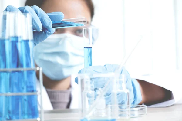 Scientists Hold Glass Tube Filled Blue Chemical Liquid Research Analysis — Stock Photo, Image