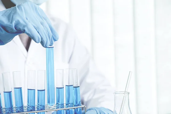 Scientists Hold Glass Tube Filled Blue Chemical Liquid Research Analysis — Stock Photo, Image