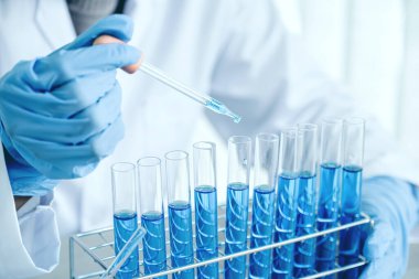 Bilim adamları pipeti tutuyor ve araştırma ve analiz için mavi kimyasal sıvıyı laboratuvara bırakıyorlar..