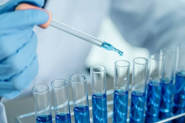 Scientists Hold Pipette Drop Blue Chemical Liquid Research Analysis Laboratory — Stock Photo, Image