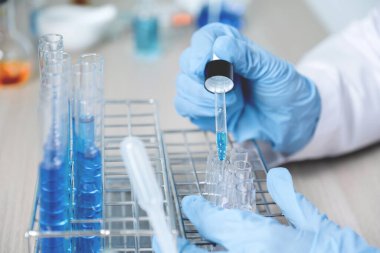 Bilim adamları pipeti tutuyor ve araştırma ve analiz için mavi kimyasal sıvıyı laboratuvara bırakıyorlar..