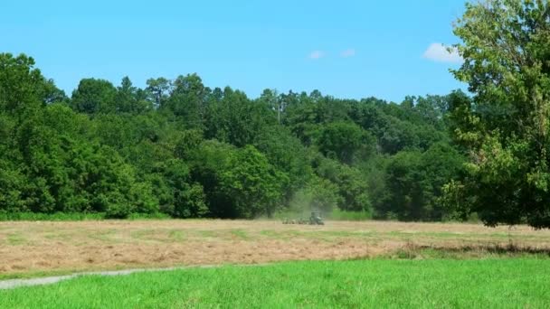 夏の明るい晴れた日に背景に森林と公園でその後ろの汚れ雲を蹴り上げる背の高い草のフィールドを刈る大きなトラクター — ストック動画
