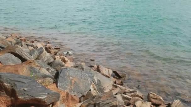 Small Waves Crashing Rocks Boulders Shore Lake Summer Islands Trees — Stock Video