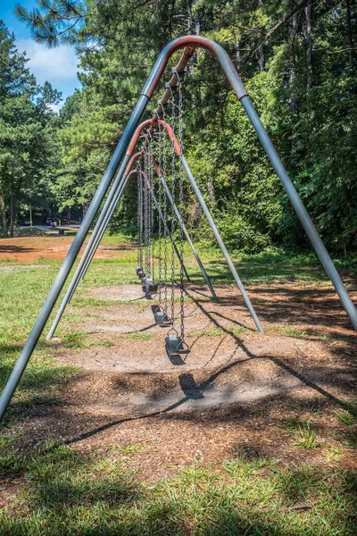 Looking Full Size Playground Swing Set Rubber Seats Hanging Metal — Stock Photo, Image