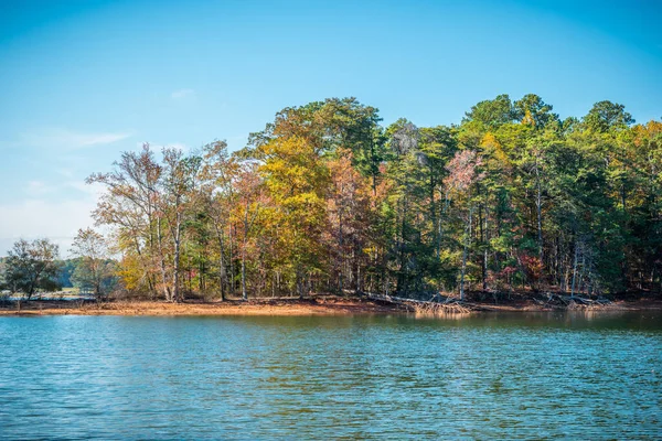 Gorgeous View Colorful Autumn Trees Shoreline Island Lake Fallen Leaves — стоковое фото