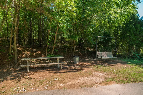 Boş Bir Piknik Masası Güneşli Bir Yaz Gününde Ağaçların Altında — Stok fotoğraf