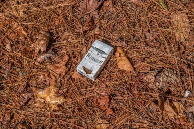 Cumming, Georgia / USA-10 / 20 / 19 Boş bir paket Winston sigarası Sonbaharda güneşli bir sonbahar gününde parkı kirletiyor.