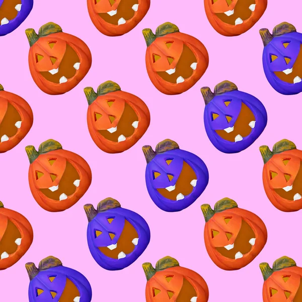 Cheerful pattern of pumpkins jack lantern of different colors on a pink background — Stock Photo, Image