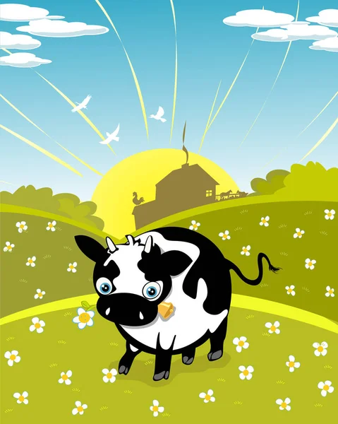 Cartoon cow on the meadow — Stock Vector