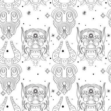 Siyah beyaz renklerde kabile maskeleri ile dikişsiz anahat deseni. Moda, tekstil, kumaş, ambalaj kağıdı, fayans, web sitesi duvar kağıdı, arka plan için el çizilmiş tasarım.