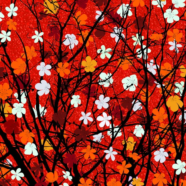 红色色调花卉树印花 — 图库矢量图片