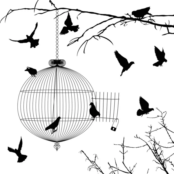 Jaula y siluetas de aves — Archivo Imágenes Vectoriales