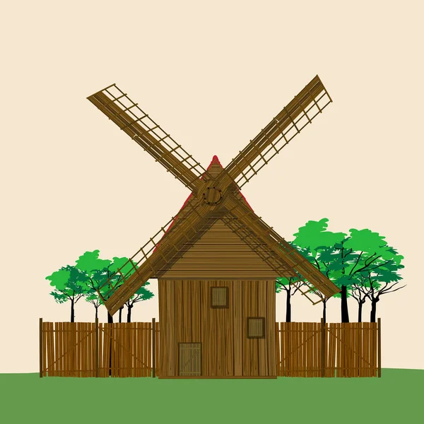 Molino de viento y jardín — Vector de stock