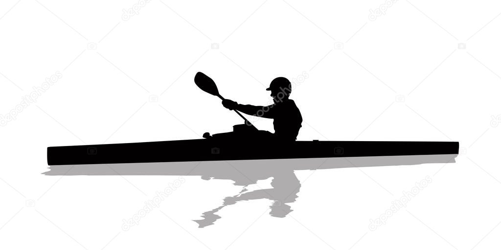 Silhouette of a kayaker on water, isolated objects over white background