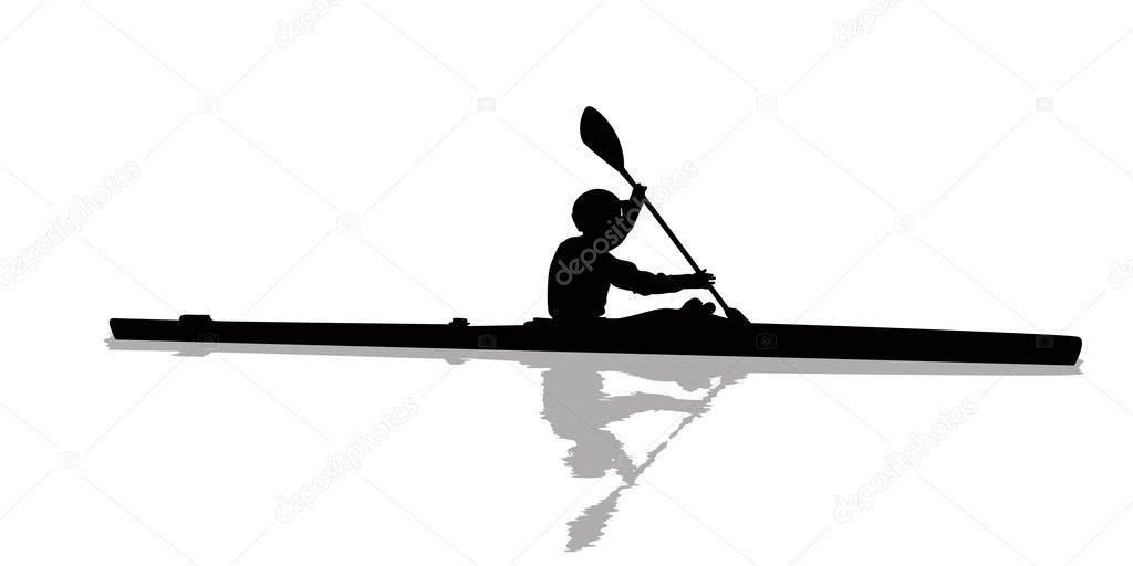 Silhouette of a kayaker on water, isolated objects over white background