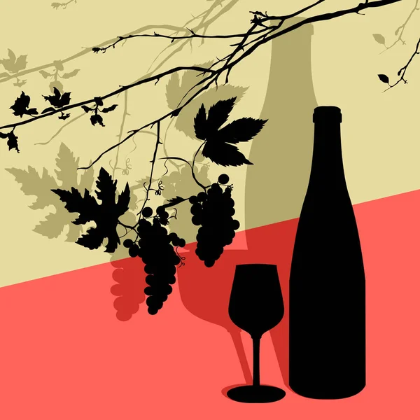 Wijnstok bladeren, wijn glas en fles — Stockvector