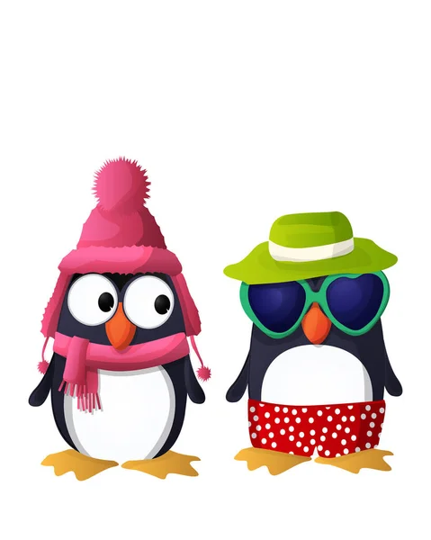 Vektor Pinguin Figuren Winter Und Sommerkleidung Vor Weißem Hintergrund — Stockvektor