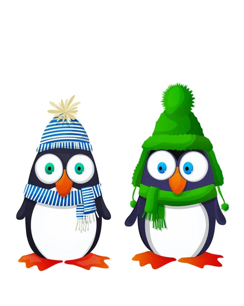 Pinguïns Gekleed Voor Winter Wit Vector Illustratie — Stockvector