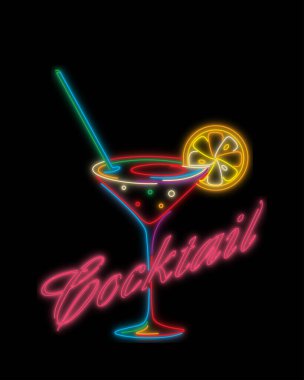 Siyah arkaplan üzerinde neon etkisi vektör kokteyli sembolü