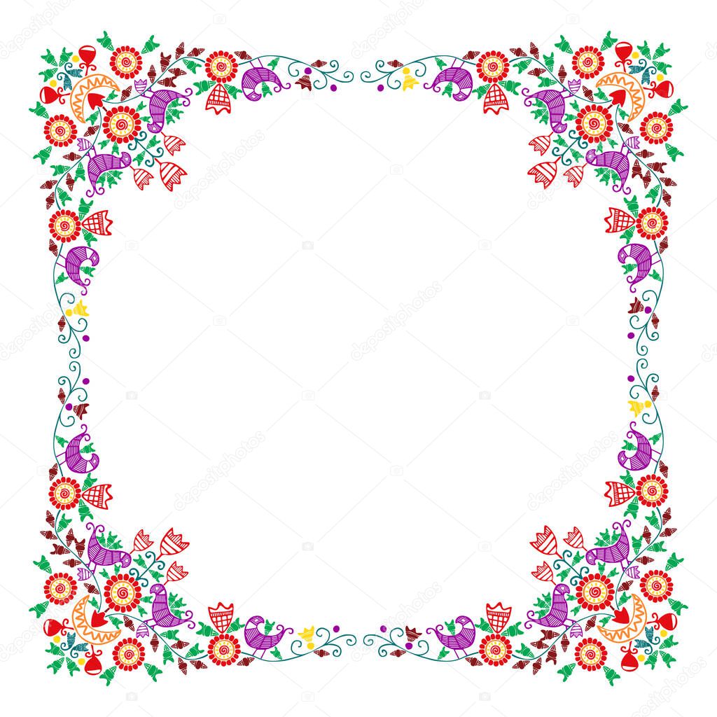 Hungarian folk style floral frame over white background with copy space