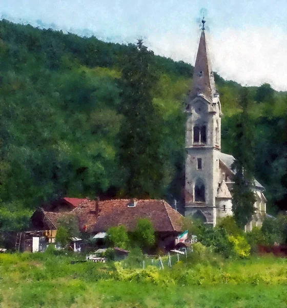 Aquarelle Numérique Une Église Protestante Élégante Maison Entourée Arbres — Photo