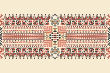 Geleneksel Tatreez nakışı yatay, pürüzsüz desen, Filistin sınırı. Yazdırma, arkaplan, şablon için ölçeklenebilir vektör tasarımı