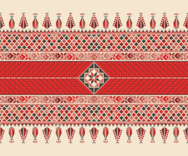 Geleneksel Tatreez nakışı yatay, pürüzsüz desen, Filistin sınırı. Yazdırma, arkaplan, şablon için ölçeklenebilir vektör tasarımı